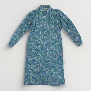 80s Vintage Schrader Sport Blue Purple Floral Paisley Belted Shirt Dress NO BELT